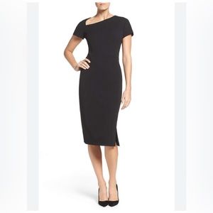 Maggie London black asymmetrical neck sheath dress